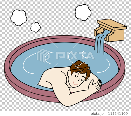 簡單的插圖，一個可愛的裸體男人在由源頭直接供應的露天溫泉浴中享受愉快的沐浴。 113241109