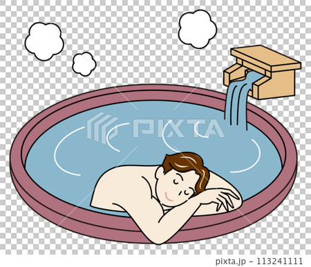 簡單的插圖,一個可愛的裸體男人在由源頭直接供應的露天溫泉浴中享受愉快的沐浴。 簡單的插圖,一個可愛的裸體男人在由源頭直接供應的露天溫泉浴中享受愉快的沐浴。 113241111