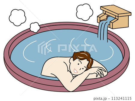源泉掛け流し温泉の露天風呂で気持ちよさそうに入浴をしている裸の可愛い男性 シンプル イラスト 113241115