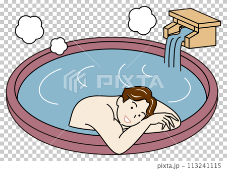 源泉掛け流し温泉の露天風呂で気持ちよさそうに入浴をしている裸の可愛い男性 シンプル イラスト 113241115