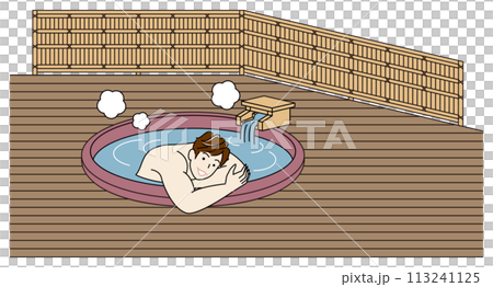 A cute naked man taking a pleasant bath in a ceramic bath with free-flowing hot springs in a guest room with an open-air bath.Simple 113241125