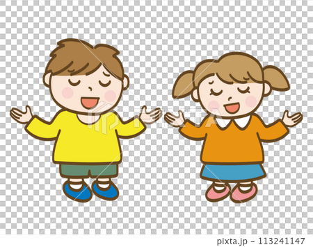やれやれと呆れる男の子と女の子の全身イラスト_小学生低学年_幼児 113241147
