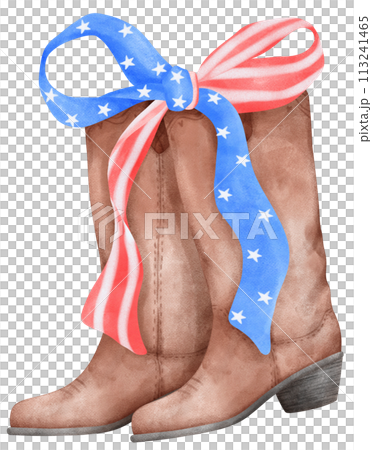 Coquette with Cowboy Boot and 4th of July Ribbon Bow, Patriotic Trendy Art 113241465