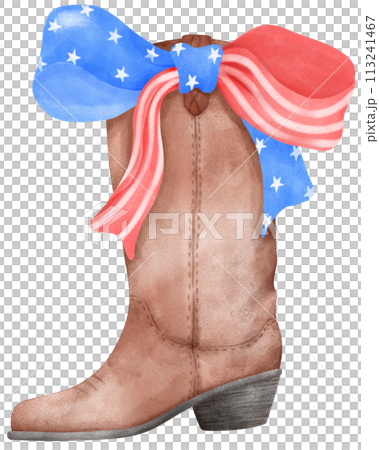 Coquette with Cowboy Boot and 4th of July Ribbon Bow, Patriotic Trendy Art Coquette with Cowboy Boot and 4th of July Ribbon Bow, Patriotic Trendy Art 113241467