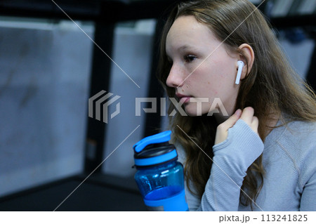 photo set protein. process of coming to gym from toilet locker room to exercise equipment. Woman exercise workout in gym fitness training sport with dumbbell bodybuilding, Athlete builder muscles 113241825