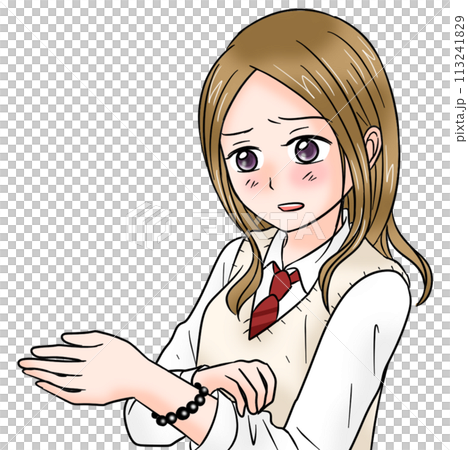 深刻な表情で手首(ブレスレット)を見せる女子高生 113241829