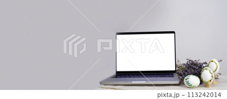 banner advertising postcard white laptop monitor screen next to lavender three embroidered painted eggs congratulations on easter place for text advertising sale time with family banner advertising postcard white laptop monitor screen next to lavender three embroidered painted eggs congratulations on easter place for text advertising sale time with family 113242014