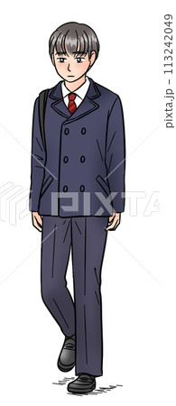 悲しい表情で街をとぼとぼ歩く男子生徒 113242049