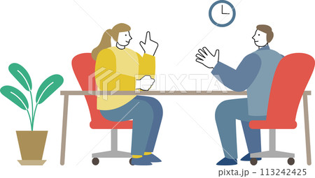 オフィスで机をはさんで会話する男女のイラスト 113242425
