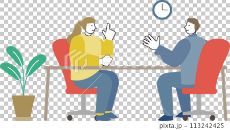 Illustration of a man and woman talking across the desk in an office 113242425