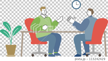 辦公室裡兩個男人隔著桌子交談的插圖 辦公室裡兩個男人隔著桌子交談的插圖 113242429