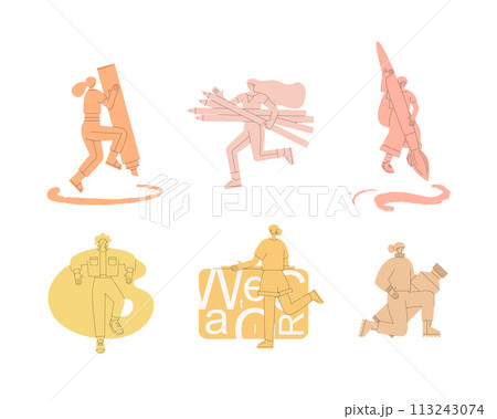 Girls with giant art supplies, set of illustration 113243074