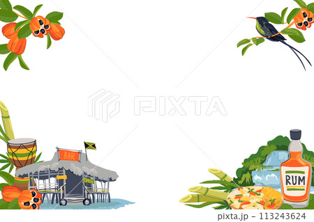 Horizontal frame with landmarks of Jamaica. Traditional food, hummingbird, beach bar, national fruit ackee, Rastafarianism, waterfall, rum. Vector for the design of travel brochures, tourist maps. 113243624
