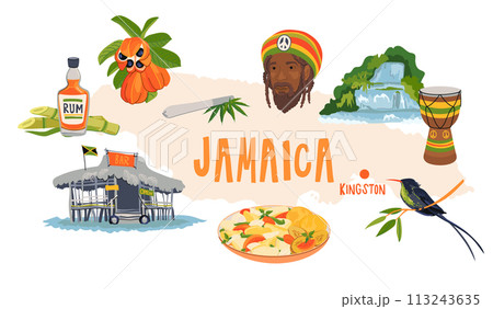 Map of Jamaica with attractions. Traditional food, hummingbird, chocolate bar, national fruit ackee, Rastafarianism, waterfall, rum. Vector illustration for design of travel brochures, tourist maps. 113243635