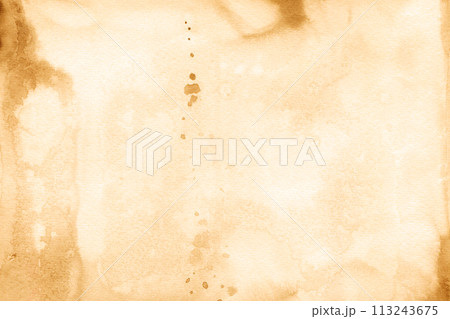 Old yellowed paper with spots and stripes. Watercolor background with streaks of paint, imitation of the texture of an old manuscript in sepia color. Blurred abstract background for grunge style. Old yellowed paper with spots and stripes. Watercolor background with streaks of paint, imitation of the texture of an old manuscript in sepia color. Blurred abstract background for grunge style. 113243675