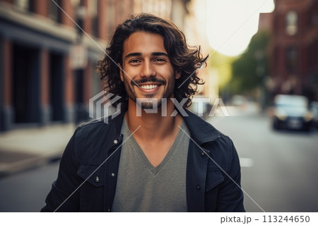 A man with long hair is smiling and standing on a city street 113244650