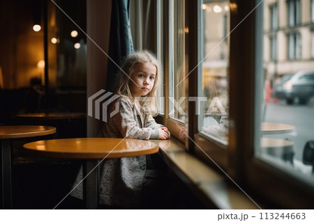 A young girl sits at a table in a restaurant, looking out the window 113244663