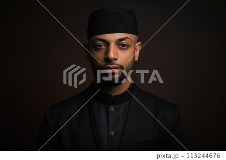 A man wearing a black suit and a black hat 113244676
