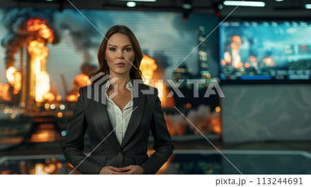 News Anchor Reporting on Industrial Catastrophe News Anchor Reporting on Industrial Catastrophe 113244691