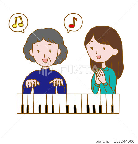 先生とピアノのレッスンをする中年女性 113244900
