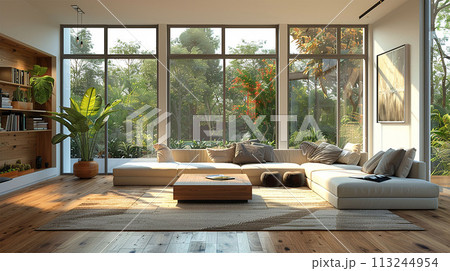 living room with large window overlooking the tropical garden 113244954