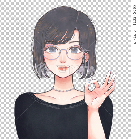Manga-style woman wearing glasses giving an okay sign Manga-style woman wearing glasses giving an okay sign 113245065