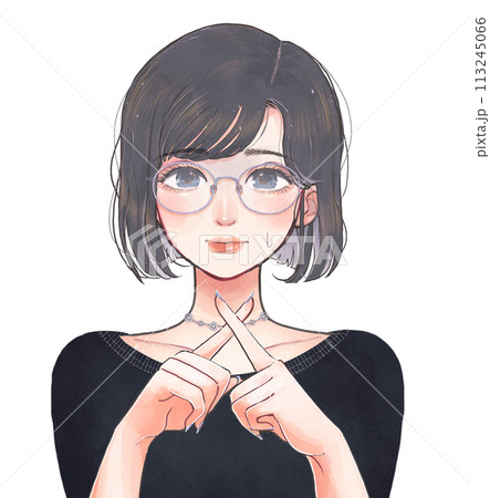 指先でバッテンを作って反対するメガネの女性 指先でバッテンを作って反対するメガネの女性 113245066