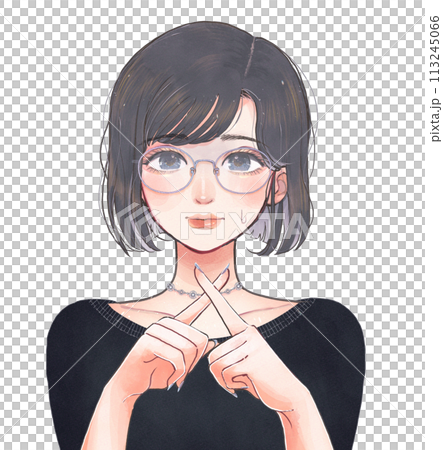 A woman wearing glasses opposes by making a batten with her fingertips 113245066