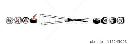 Vector horizontal banner of Japanese sushi set hand drawn doodle style isolated on white background Vector horizontal banner of Japanese sushi set hand drawn doodle style isolated on white background 113245098