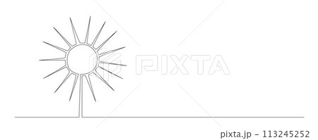 Sun - one single hand drawing continuous line banner. Vector stock illustration isolated on white background for design template summer travel poster, flyer. Editable stroke. EPS10 Sun - one single hand drawing continuous line banner. Vector stock illustration isolated on white background for design template summer travel poster, flyer. Editable stroke. EPS10 113245252