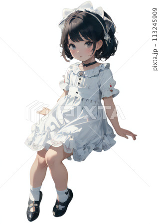 白いドレスで座っている女の子のイラスト 113245909