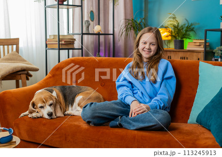 Portrait of smiling young girl animal lover with cute beagle dog sitting on orange sofa at home Portrait of smiling young girl animal lover with cute beagle dog sitting on orange sofa at home 113245913