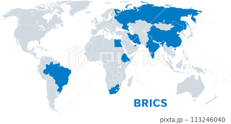 BRICS, with new member states as of 2024, political map. BRICS for Brazil, Russia, India, China and South Africa. Now known as BRICS plus with emerging market countries Egypt, Ethiopia, Iran, and UAE. BRICS, with new member states as of 2024, political map. BRICS for Brazil, Russia, India, China and South Africa. Now known as BRICS plus with emerging market countries Egypt, Ethiopia, Iran, and UAE. 113246040