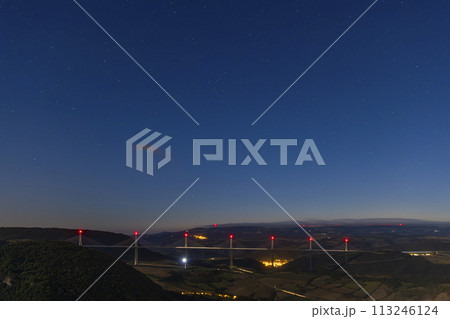 Multi-span cable stayed Millau Viaduct across gorge valley of Tarn River, Aveyron Departement, France 113246124