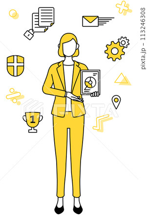 DX化のイメージ、デジタル技術を利用して業務改善を行うスーツ姿の女性のシンプルな線画イラスト 113246308