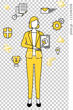 DX化のイメージ、デジタル技術を利用して業務改善を行うスーツ姿の女性のシンプルな線画イラスト 113246308