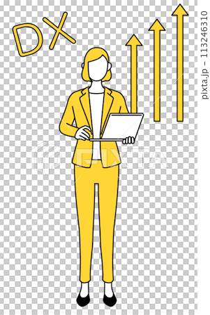 Image of DX conversion, simple line drawing illustration of a woman in a suit who succeeded in improving her business 113246310