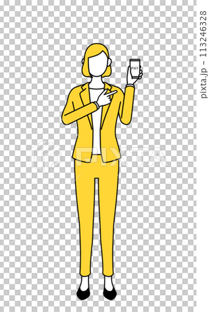 A simple line drawing illustration of a woman in a suit recommending cashless and online payment with a smartphone 113246328