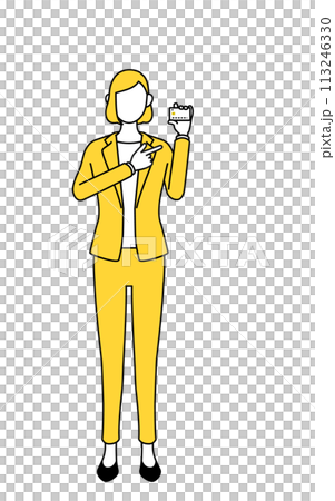 Simple line drawing illustration of a woman in a suit recommending credit card payment 113246330