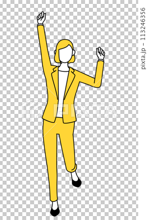 笑顔でジャンプするスーツ姿の女性のシンプルな線画イラスト 笑顔でジャンプするスーツ姿の女性のシンプルな線画イラスト 113246356