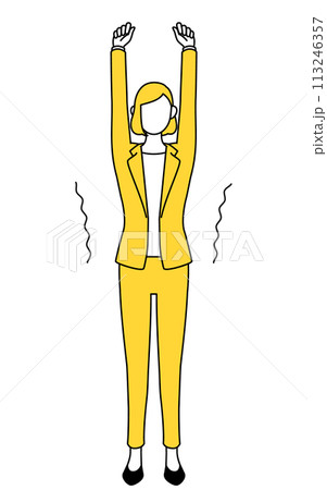 ストレッチで背伸びするスーツ姿の女性のシンプルな線画イラスト ストレッチで背伸びするスーツ姿の女性のシンプルな線画イラスト 113246357
