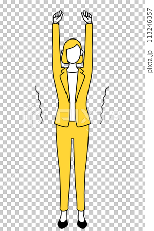 ストレッチで背伸びするスーツ姿の女性のシンプルな線画イラスト ストレッチで背伸びするスーツ姿の女性のシンプルな線画イラスト 113246357