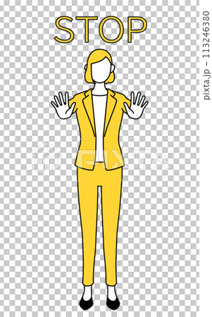 A simple line drawing illustration of a woman in a suit sticking out her hand in front of her body to signal a stop A simple line drawing illustration of a woman in a suit sticking out her hand in front of her body to signal a stop 113246380