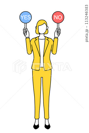 正解と不正解を示す棒を持つスーツ姿の女性のシンプルな線画イラスト 113246383