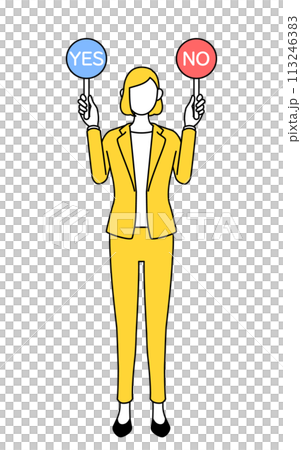 正解と不正解を示す棒を持つスーツ姿の女性のシンプルな線画イラスト 113246383