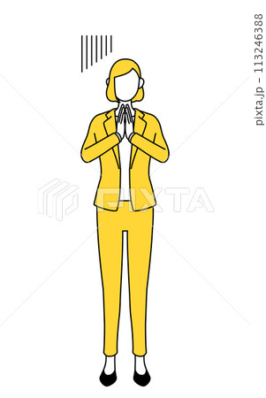 体の前で手を合わせて謝るスーツ姿の女性のシンプルな線画イラスト 113246388