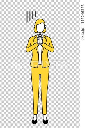 体の前で手を合わせて謝るスーツ姿の女性のシンプルな線画イラスト 113246388