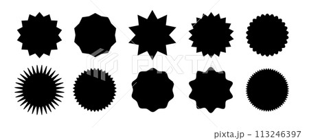 Starburst speech bubbles. Starburst, black price sticker sunburst icons. Black Sunburst. Flat vintage price tag stickers.Vector 113246397