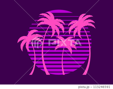 Retro futuristic palm trees in 80s style at sunset. Summer time, palm trees on the background of the sun, synthwave style. Design for advertising brochures and banners. vector illustration Retro futuristic palm trees in 80s style at sunset. Summer time, palm trees on the background of the sun, synthwave style. Design for advertising brochures and banners. vector illustration 113246591
