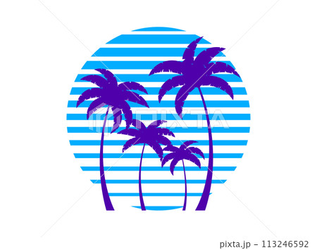Outlines of palm trees and retro sun in 80s style isolated on white background. Tropical banner with palm trees for print advertising banners and posters. Vector illustration 113246592